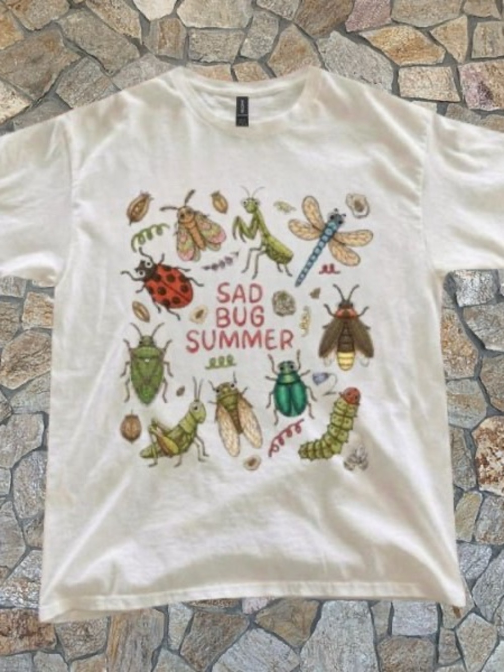 White Sad Bug Summer Graphic Tee